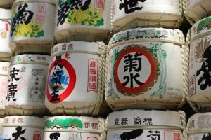 Sake barrels stacked